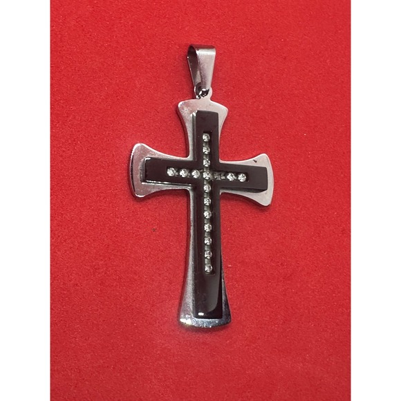 Silver Tone Black Inlay Crystal Cross Pendant Men Women Unisex Jewelry - Picture 4 of 7